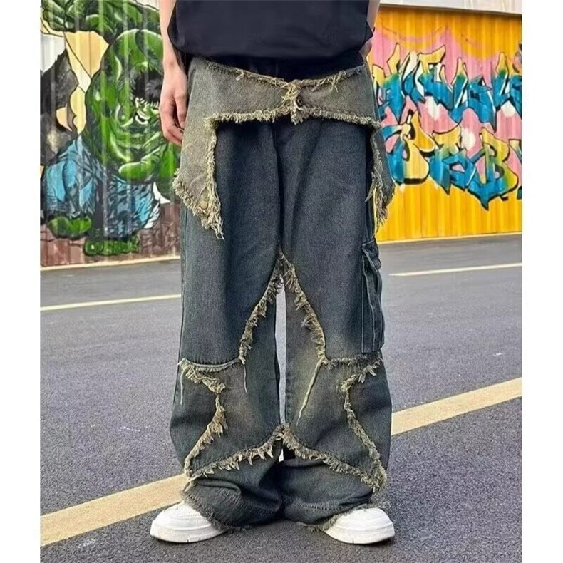 五角星设计牛仔裤男美式复古大口袋毛边做旧水洗高街工装阔腿长裤,男装牛仔裤,星座506A