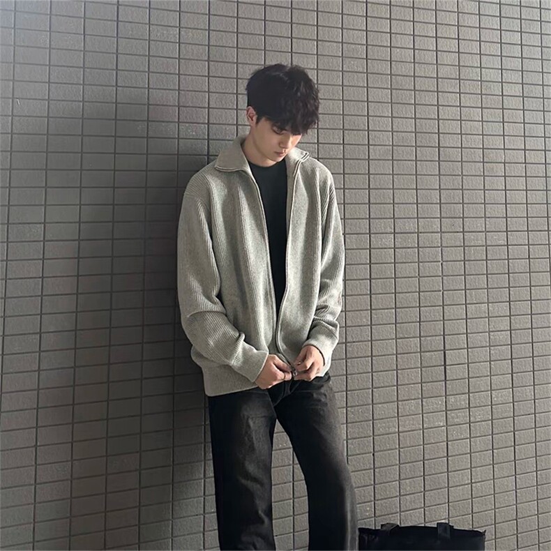 抖音得物保暖立领拉链针织外套秋冬宽松慵懒风纯色毛衣上衣AM02,男装针织衫/毛衣,电商A443