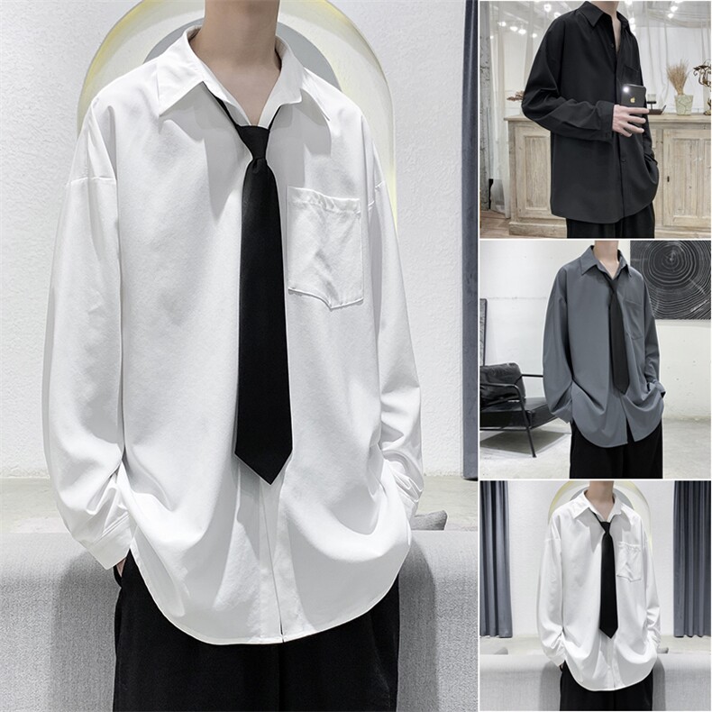 现货夏款港风纯色长袖方领男衬衫电商基地服装城D201-DM13-P40图片