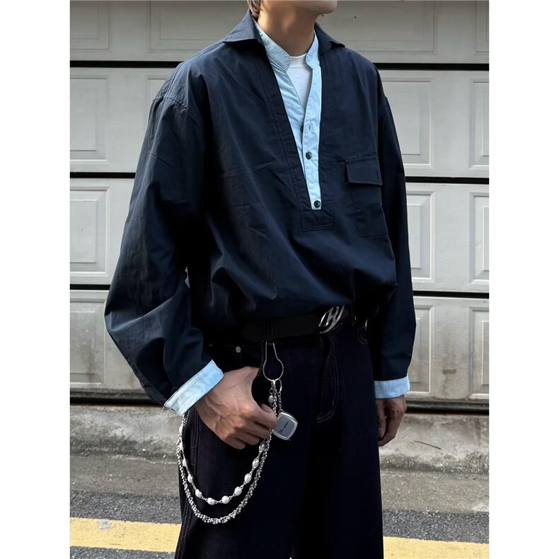 春秋日系复古假两件衬衫男女宽松休闲百搭学院风长袖衬衣外套上衣,男装衬衫,四季星座505