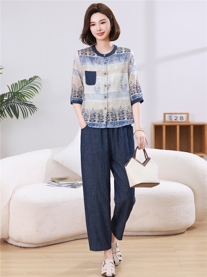 2026夏季新款天丝印花上衣套装女中年妈妈宽松仿牛仔裤休闲两件套,女装套装/套裙,忆绮罗