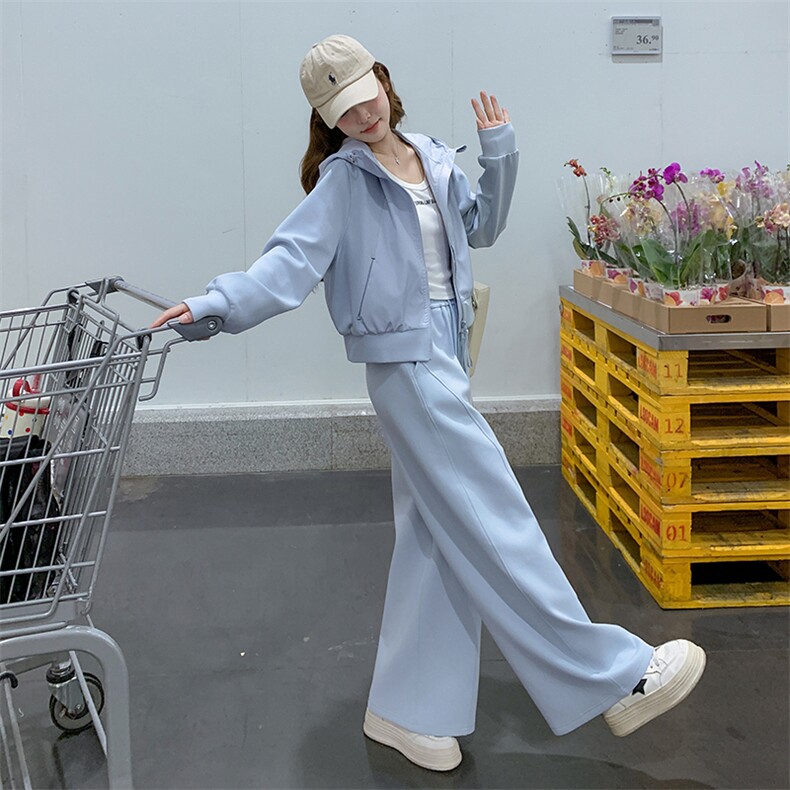 蓝色超好看连帽卫衣套装女2025秋新款小个子休闲运动阔腿裤两件套,女装套装/套裙,2C176