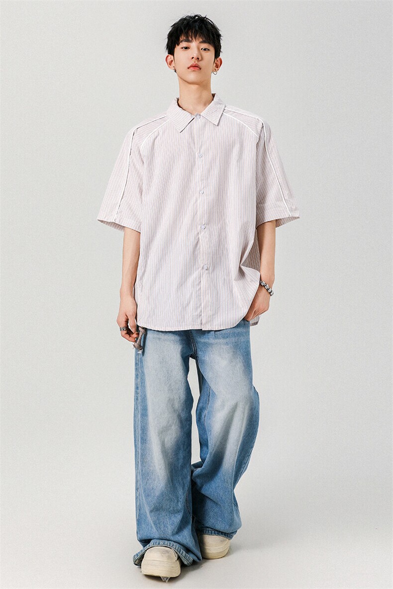 【现货】夏季新款美式潮牌条纹宽松透气翻领衬衣CY06015-TP35控58,男装衬衫,星座1004（原星座815-3）
