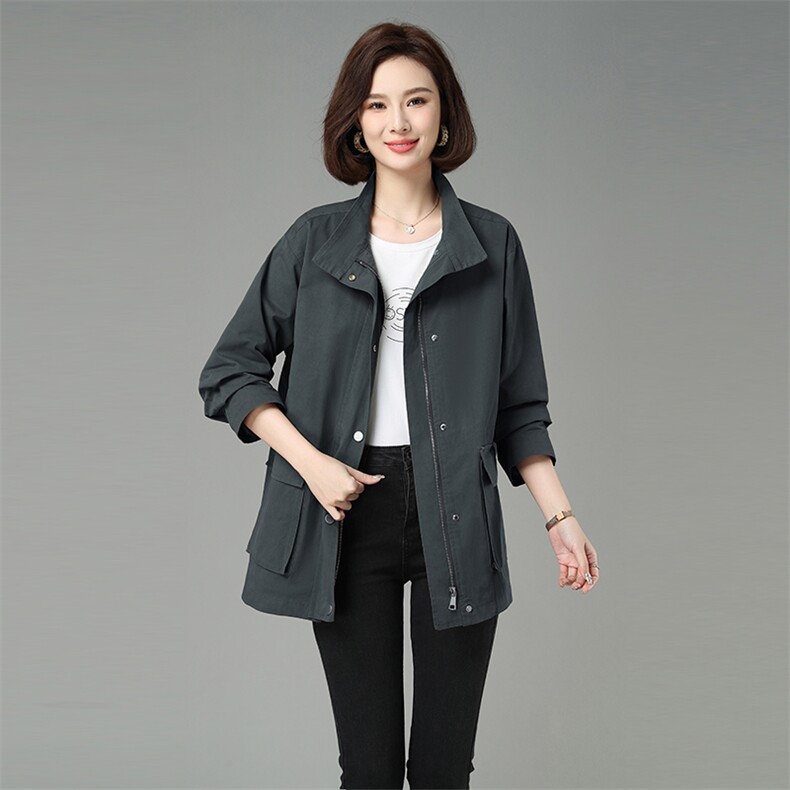 女款春秋风衣外套2023年新款韩版洋气宽松休闲妈妈装立领工装上衣,女装风衣,秋牧寒烟