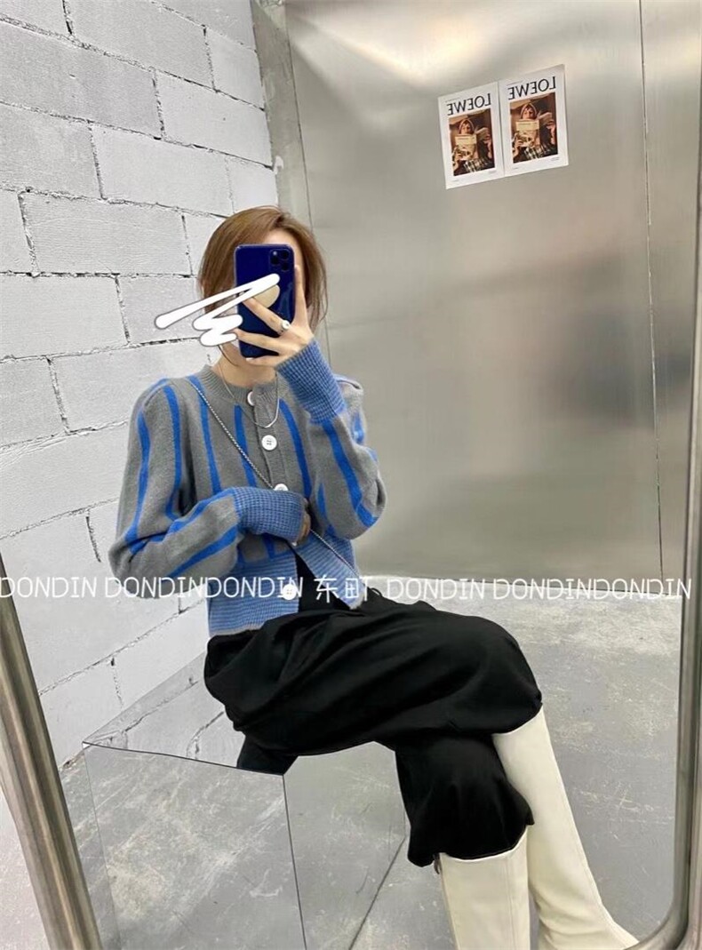 现货 撞色条纹开衫毛衣，女装针织衫/毛衣，东町