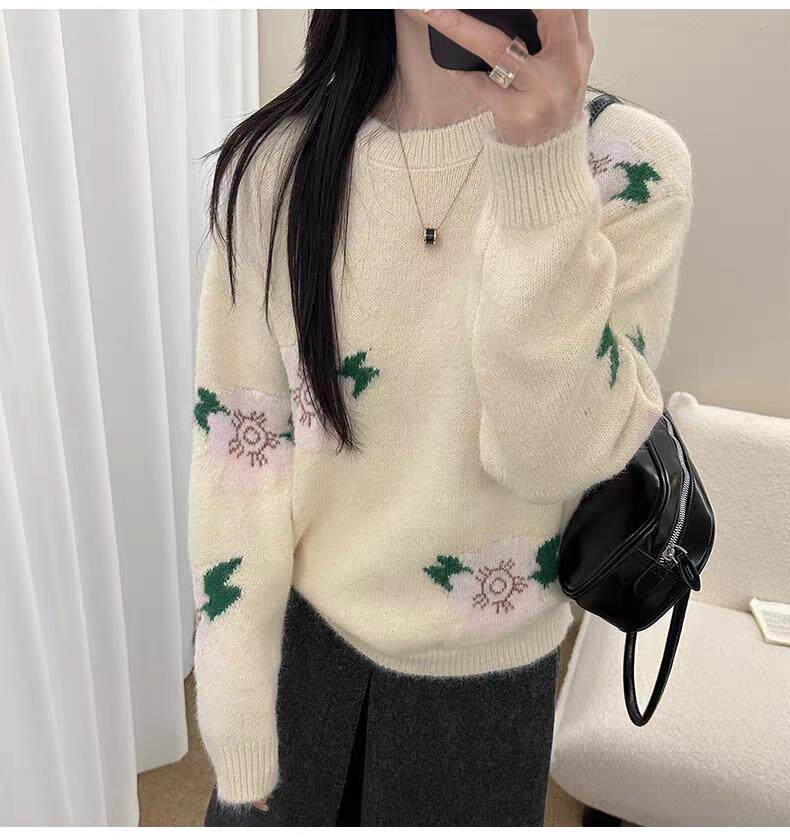 2025年秋季时尚百搭通勤简约休闲粉色小花毛衣，女装针织衫/毛衣，挚尚羊绒