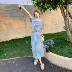 高级松弛感穿搭牛仔连衣裙女夏薄款2025巨好看工装衬衫长裙套装，女装套装/套裙，2C266