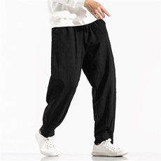 春秋日系复古棉麻休闲裤收脚阔腿哈伦提花裤子男6020-1/K356/p60，男装休闲裤，电商B275