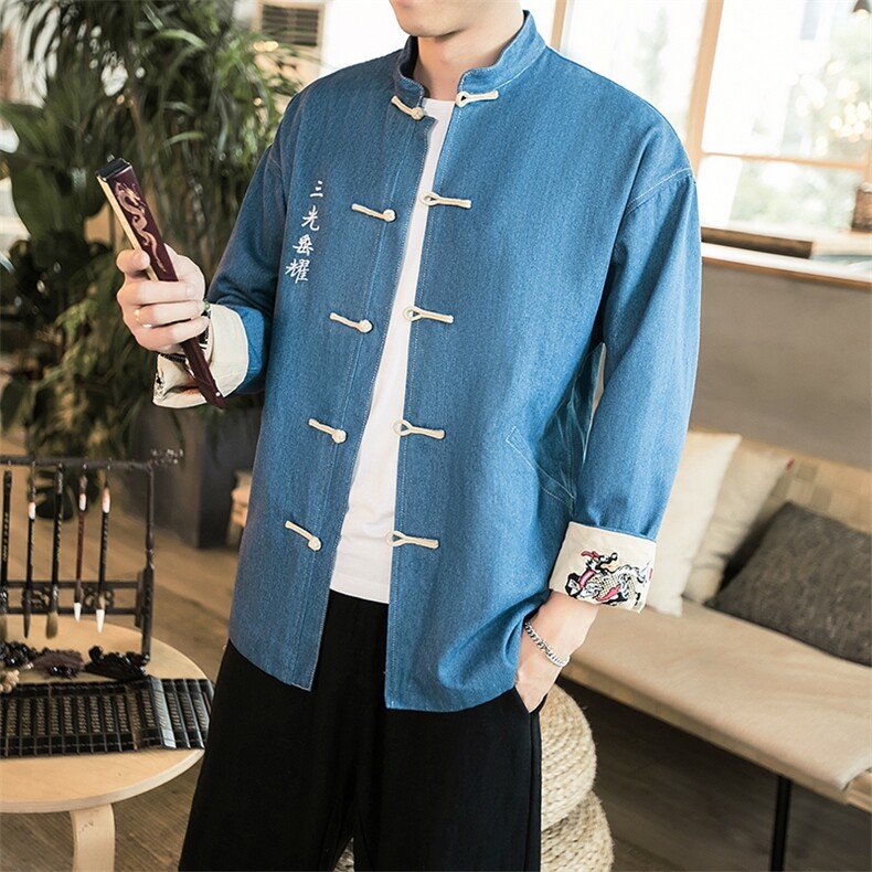 春装风刺绣大码休闲牛仔夹克情侣唐装中式外套潮JK17/P155，男装工装外套，钱塘713