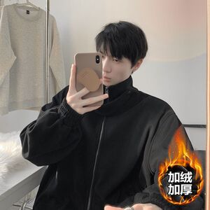 立领卫衣外套男秋冬季加绒加厚潮牌垫肩学生灰色运动夹克 J8892图片