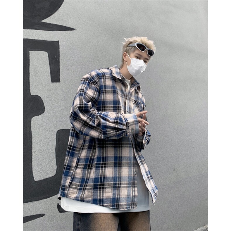 美式复古格纹拼色长袖衬衫男宽松春季高街流苏设计开衫潮,男装衬衫,星座410-7