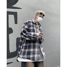 美式复古格纹拼色长袖衬衫男宽松春季高街流苏设计开衫潮，男装衬衫，星座410-7