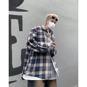 美式复古格纹拼色长袖衬衫男宽松春季高街流苏设计开衫潮图片