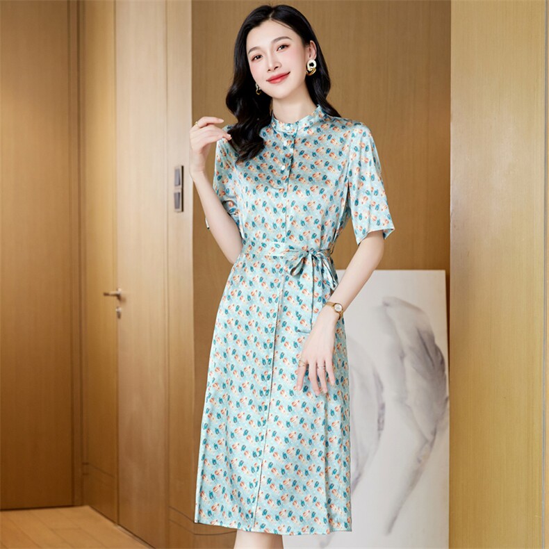 端庄大气碎花真丝连衣裙女中长款夏季2024新款超好看桑蚕丝裙子夏,女装连衣裙,阿舍尔精品