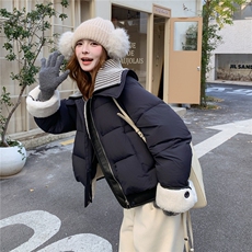 针织领羊羔毛PU皮拼接藏青50绒羽绒服2C206-L677-P295-K448，女装羽绒服，2C206
