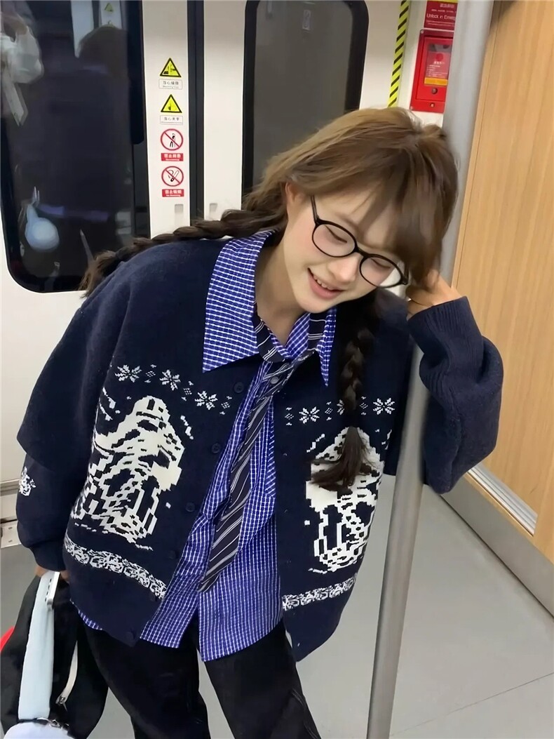 藏青色费尔岛毛衣开衫男款秋冬季美式高级感慵懒风针织衫情侣外套,男装针织衫/毛衣,星座1007（原301D）