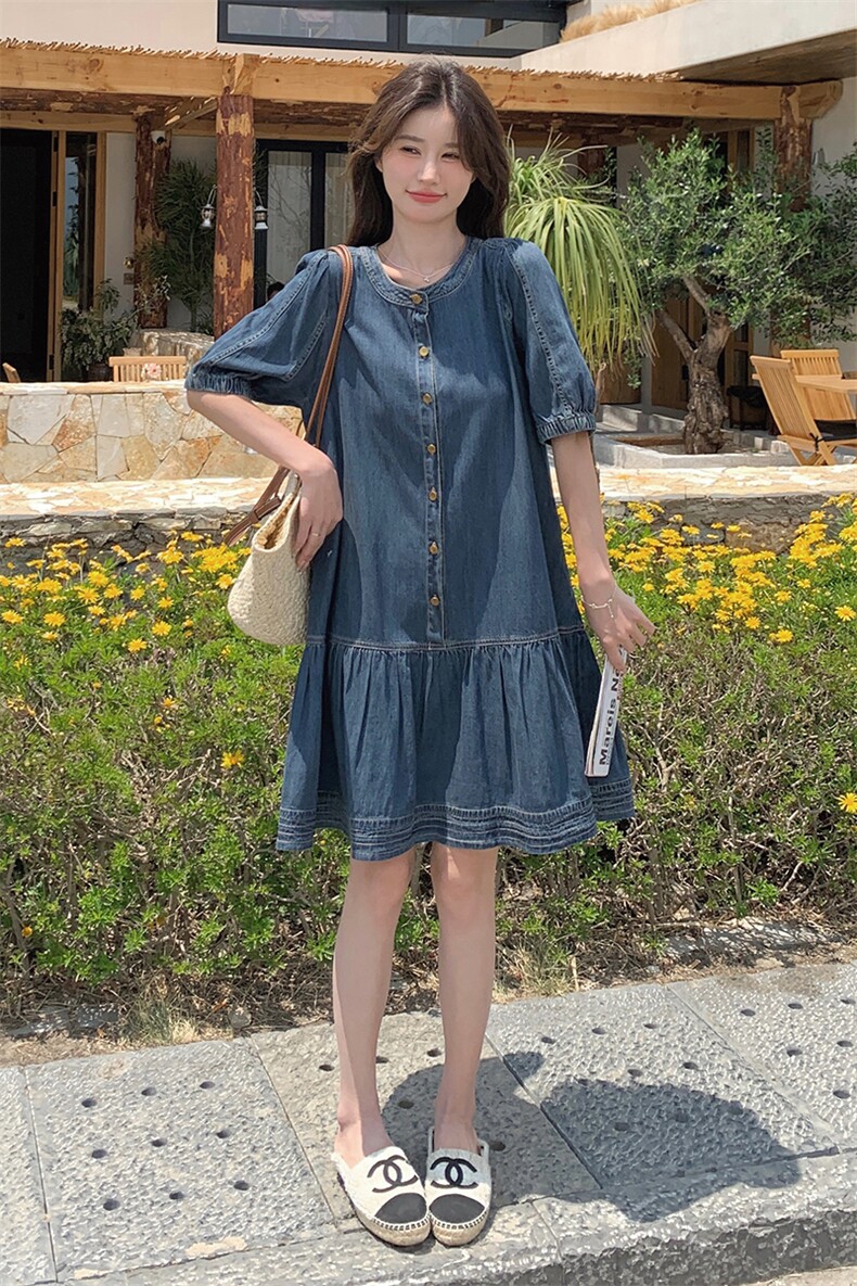 复古宽松薄款夏天牛仔裙连衣裙2025新款女减龄休闲大码中长裙子潮,女装连衣裙,钱塘布衣