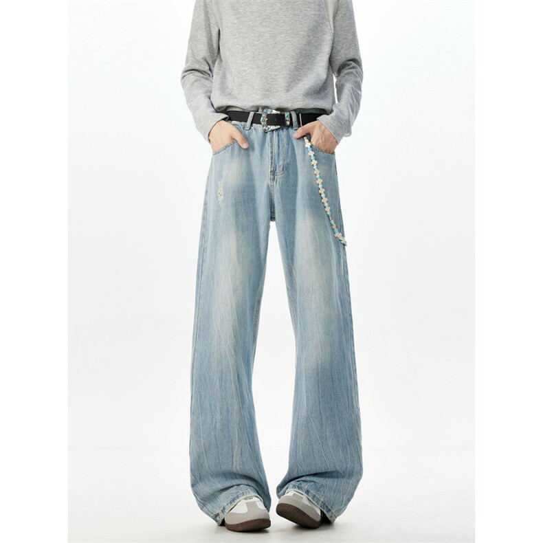 (现货）2025秋季闪电裂纹水洗蓝直筒百搭牛仔裤NK20251-P48控78，男装牛仔裤，电商A421