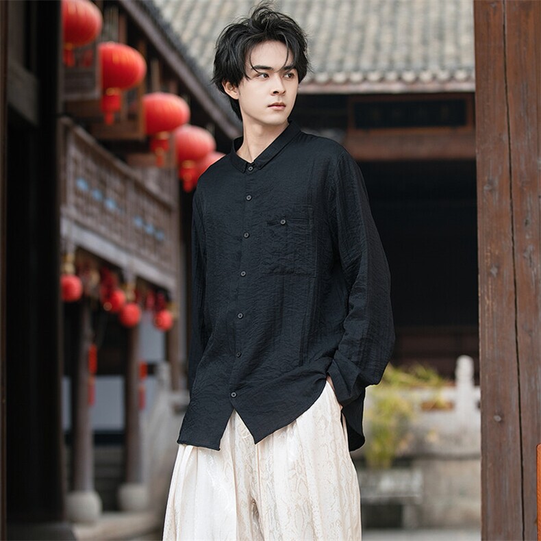 新中式风麻混纺双层领大码宽松休闲轻奢百搭长袖男女衬衫P55，男装衬衫，星座305A（原312A-1）