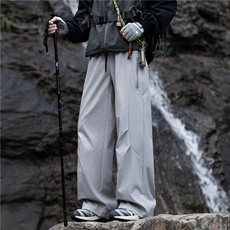 灰色登山裤男款春秋季2025新款美式高街弯刀褶皱设计感阔腿休闲裤，男装休闲裤，电商B315