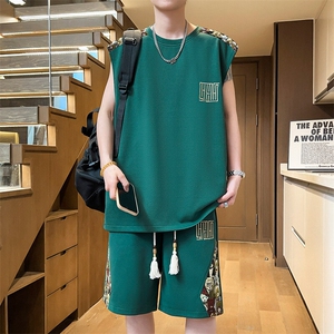 夏季五分裤T恤两件套潮背心休闲运动套装男刺绣A266-TZ2258-P46图片