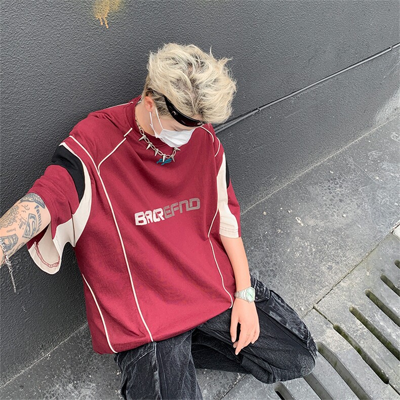 复古运动服拼接短袖T恤男夏季宽松五分袖体恤衫百搭休闲P066-p38,男装T恤,星座1008