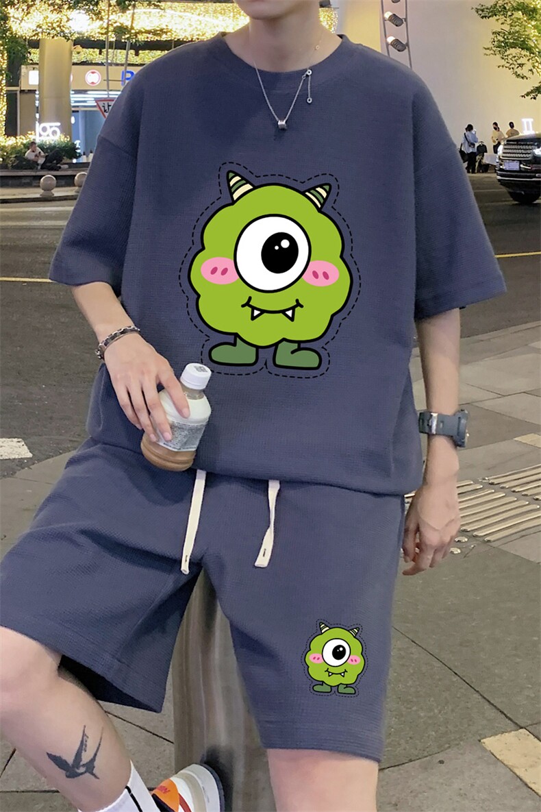 ！定制华夫格面料！2024夏季男女中性短袖情侣套装HTZ66P50,男装T恤,电商B220