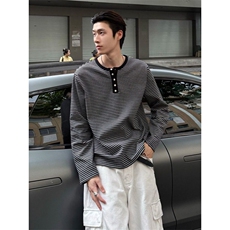 亨利领条纹t恤潮牌美式长袖上衣cleanfit内搭打底衫W191-P50网图，女装T恤，电商B245