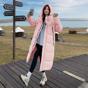 韩版保暖长款蓝色连帽棉服女2025年冬季新款显瘦加厚过膝棉衣棉袄图片