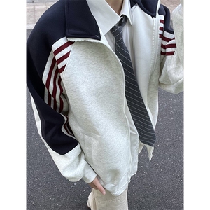 抖音得物高品质26春装美式高街重磅织带拼接撞色立领卫衣外套CM41图片