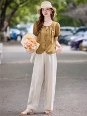 夏季时尚薄套装女2025新款宽松大码短袖衬衫上衣休闲阔腿裤两件套，女装套装/套裙，依万里