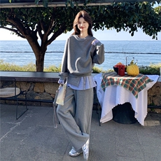 韩系慵懒休闲风格纹拼接卫衣套装女2026春季阔腿裤时尚减龄两件套，女装套装/套裙，艾米莉亚