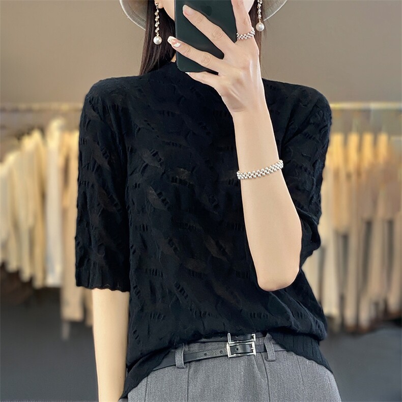 2024夏季新款半高领精纺羊毛针织短袖女五分袖褶皱T恤宽松打底衫,女装T恤,暖烁羊绒