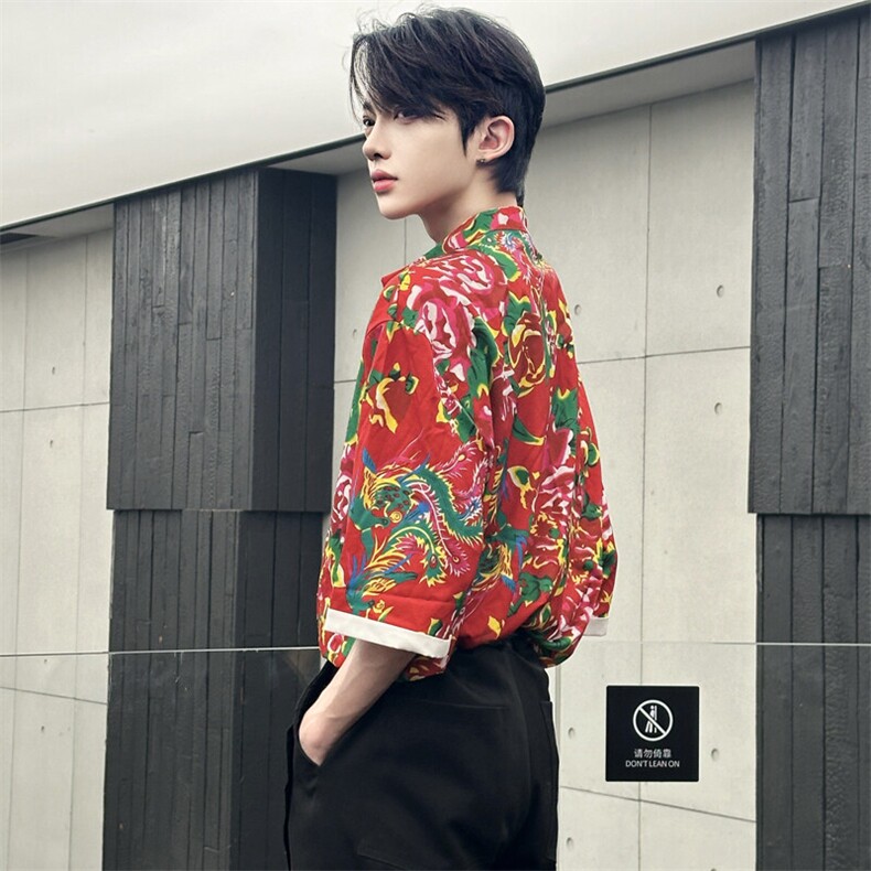 （自家图）风东北花衬衣中式唐装短袖民族茶禅服男2100-P68,男装T恤,星座910-5