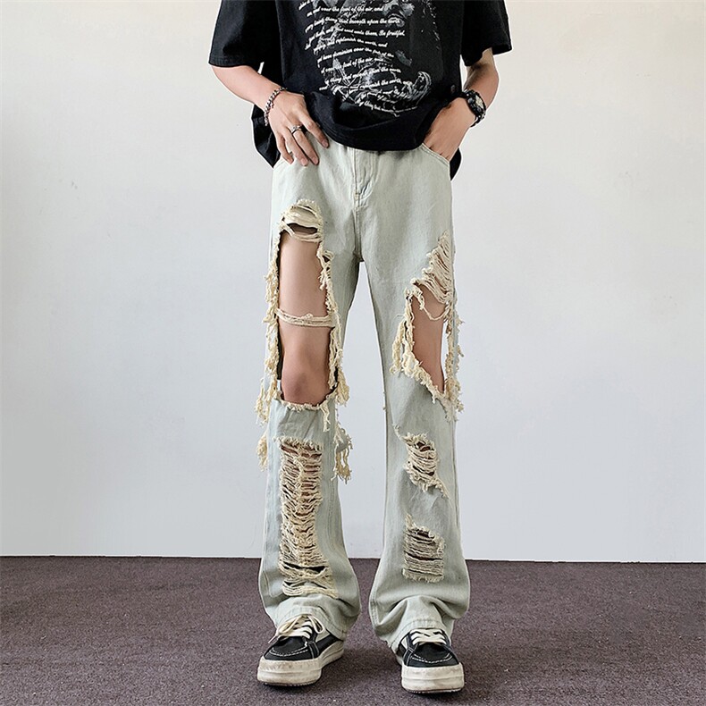 美式复古破洞牛仔裤高街美式夏季薄款宽松直筒乞丐裤,男装牛仔裤,星座410-6（原星座1304-1）