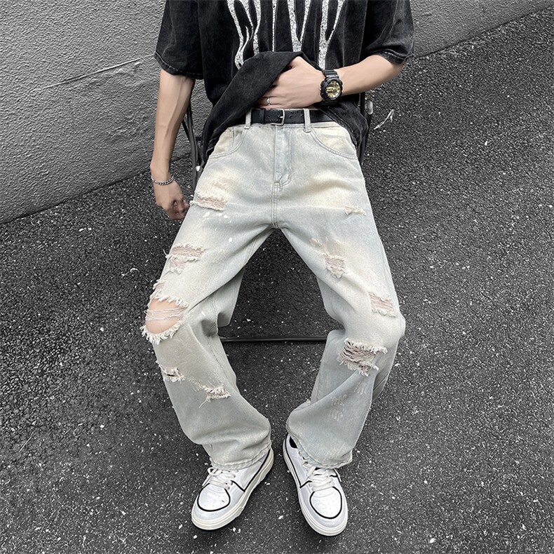夏季薄款美式高街水洗破洞牛仔裤男款修身直筒裤子,男装牛仔裤,星座410-6（原星座1304-1）