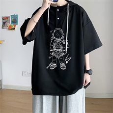 夏季港风冰丝宽松连帽短袖t恤五分体恤上衣TLM2208-P40控58，男装T恤，电商B370