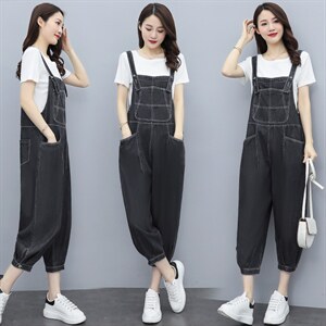 短袖牛仔背带裤套装女2023夏季新款女装韩版时尚休闲两件套套裤潮图片