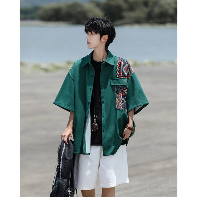 8XL-M民族风拼接短袖衬衫男夏季痞帅半袖衬衣薄款外套DC28009P45，男装衬衫，电商B312
