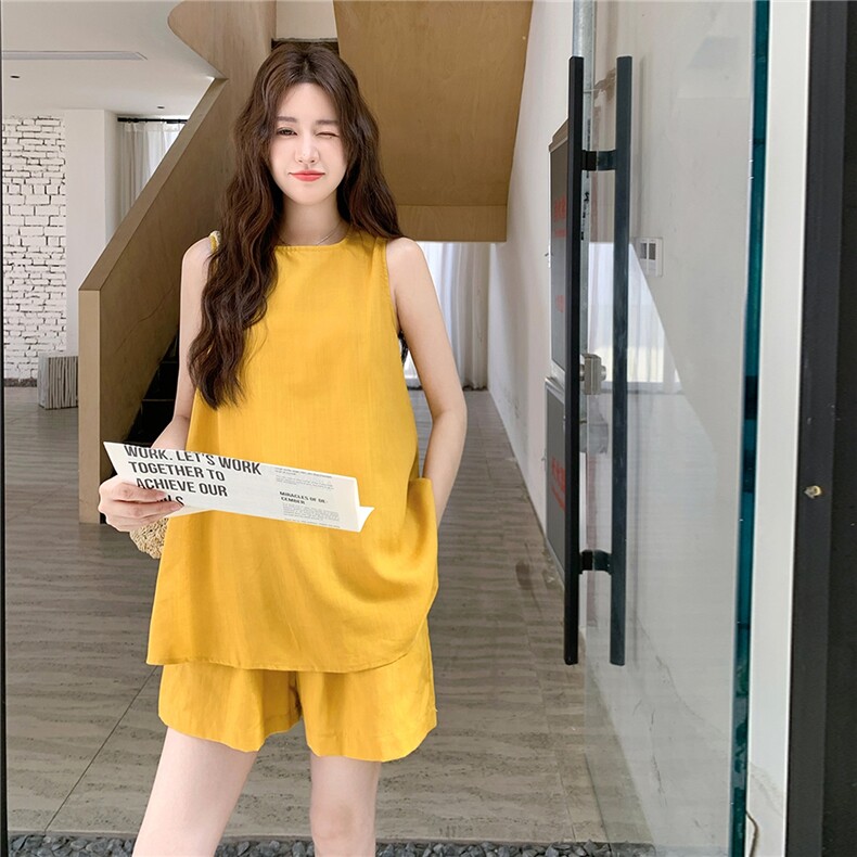小个子穿搭橘色无袖上衣亚麻套装女夏新款薄款显瘦气质短裤两件套,女装套装/套裙,红龙果