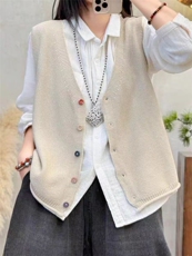 2025年秋季新款百搭女士V领无袖系扣针织马甲，女装针织衫/毛衣，洁纯羊绒