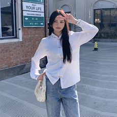 优雅新中式立领提花衬衫修身显瘦长袖上衣搭配高腰马面裙，女装衬衫，诺蝶