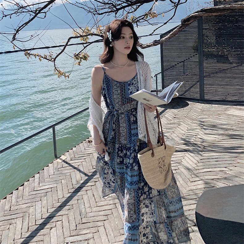 蓝色法式防晒衫吊带裙套装女2025春夏新款海边度假波西米亚连衣裙图片