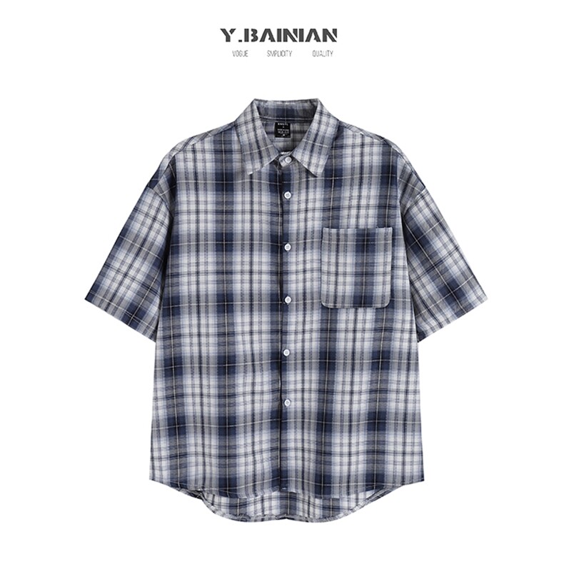 港风夏款男短袖衬衫条纹格子宽松休闲短衬衣CS8877P45,男装衬衫,星座1013-1