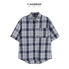 港风夏款男短袖衬衫条纹格子宽松休闲短衬衣CS8877P45，男装衬衫，星座1013-1