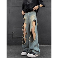 8XL-M特大码破洞牛仔裤摇滚皮冻宽松阔腿无性别休闲裤K976P58，男装牛仔裤，电商D206-1