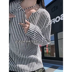 美式高街千鸟格子长袖T恤男女亨利V领英伦雅痞休闲宽松长袖打底衫，男装T恤，电商A486