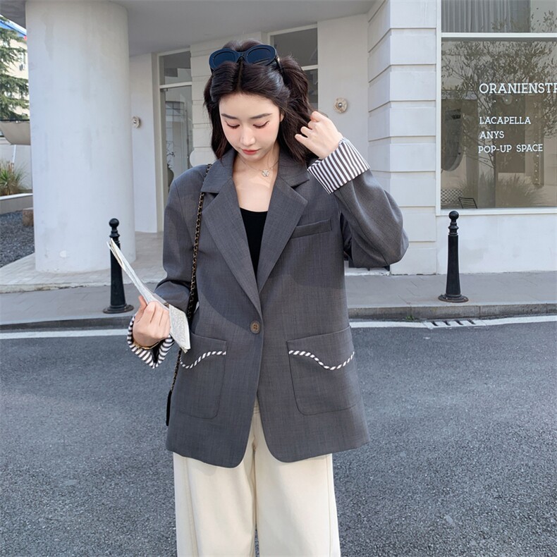 28081-7708-P145-K218春装新款灰色休闲百搭设计感西装外套,女装西装,韩蜜菓