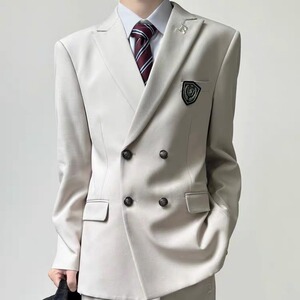 木村叔日系原创设计深灰色西装男生院风双排扣戗驳领西服图片