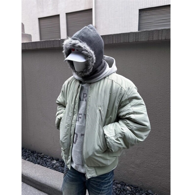 （现货）自制款bomber豆绿色大拉链口袋男女棉服立领棉衣,男装棉衣,星座807